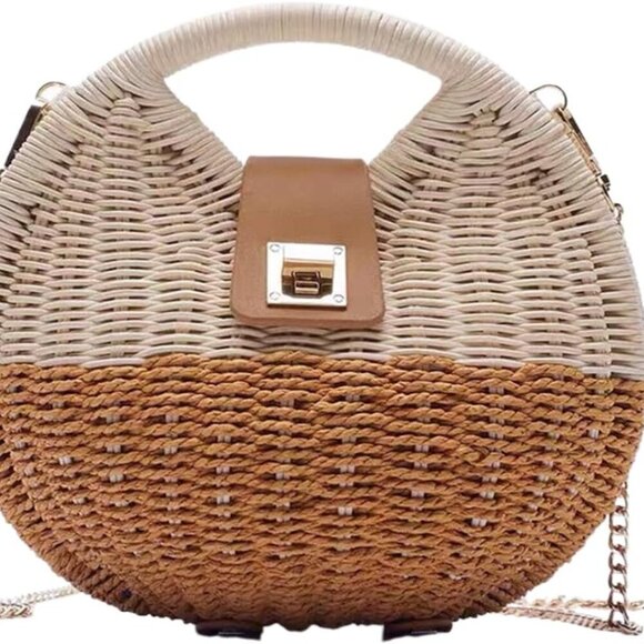Two-Tone Woven Rattan Bag - Stylish Crossbody Clutch with Secure Closure - Picture 1 of 6